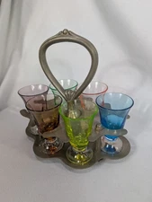 Vtg Colorful Cordial Shot Glass Set With Silver Tone Carrier Uranium Vaseline