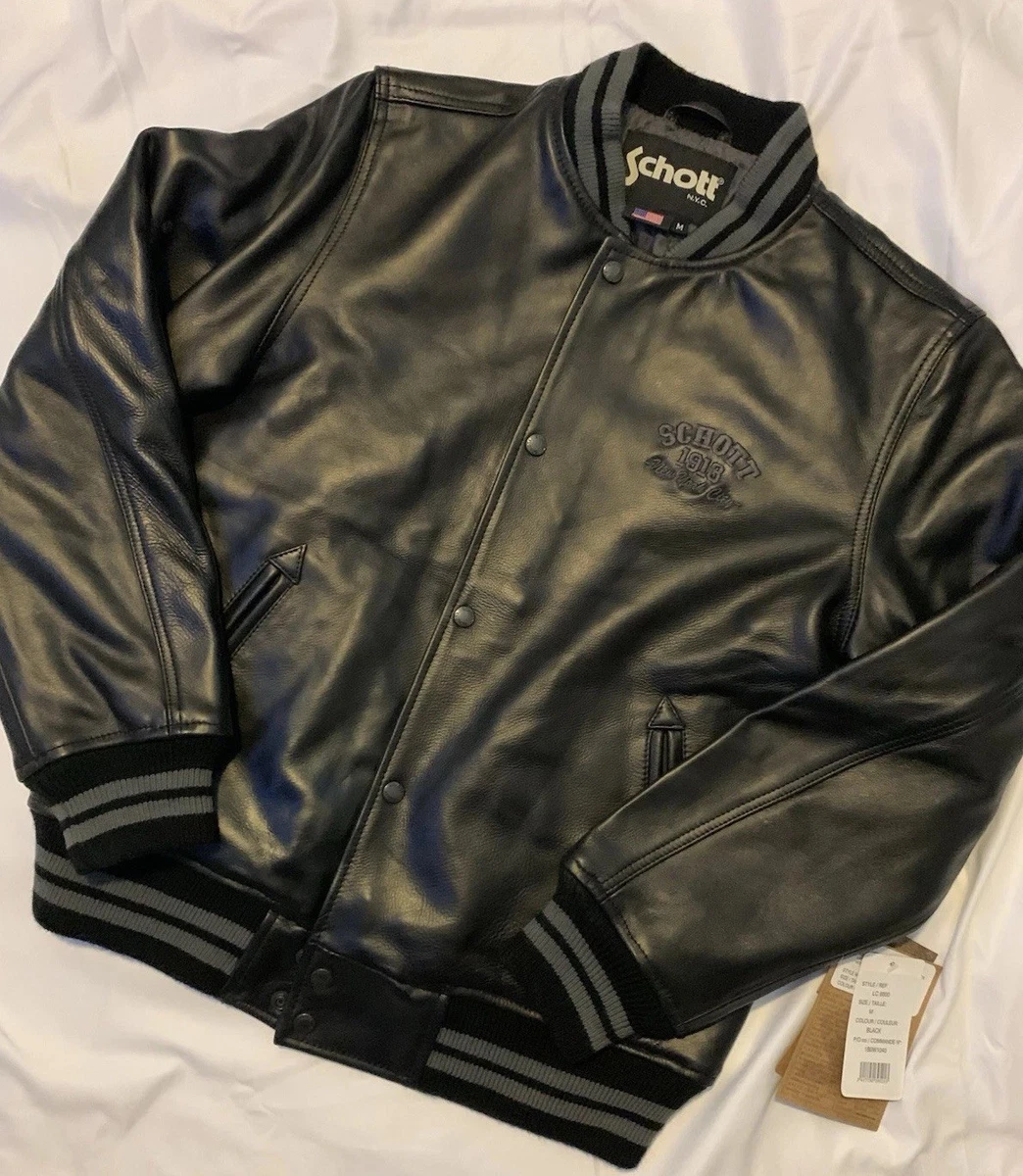 Chaqueta universitaria de bombardero de cuero para hombre Schott NYC talla M negra nueva con etiquetas