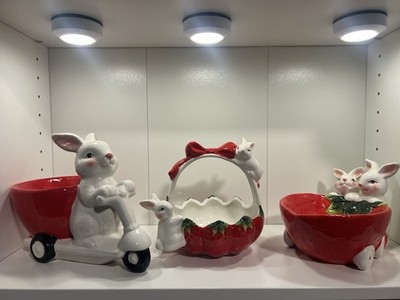 3 Cottontail Lane Strawberry Candy Dishes Moped Car Easter Bunny Basket