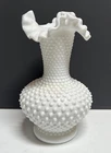Heavy Fenton Vintage Large Ruffled waves Hobnail Vase White Milk Glass 10.5”