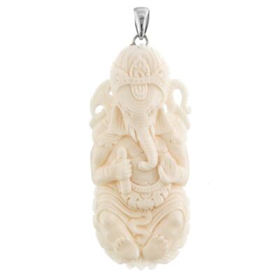 925 Silver Hand Carved Hindu God Ganesha Bison Bone Sterling Pendant, 2 3/4''
