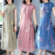 Chinese Style Silk Qipao Dress Women Floral Printed A-line Gown cheongsam Dress