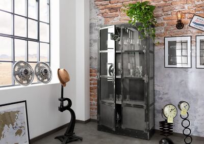 Loft Industrial Style Vitrine Eisen und Massivholz Mango Schrank 92x185 grau
