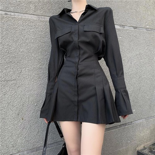 Shirt Dress Women Long Sleeve Dresses Sexy Gothic Pleated Turn-down - Picture 25 of 26