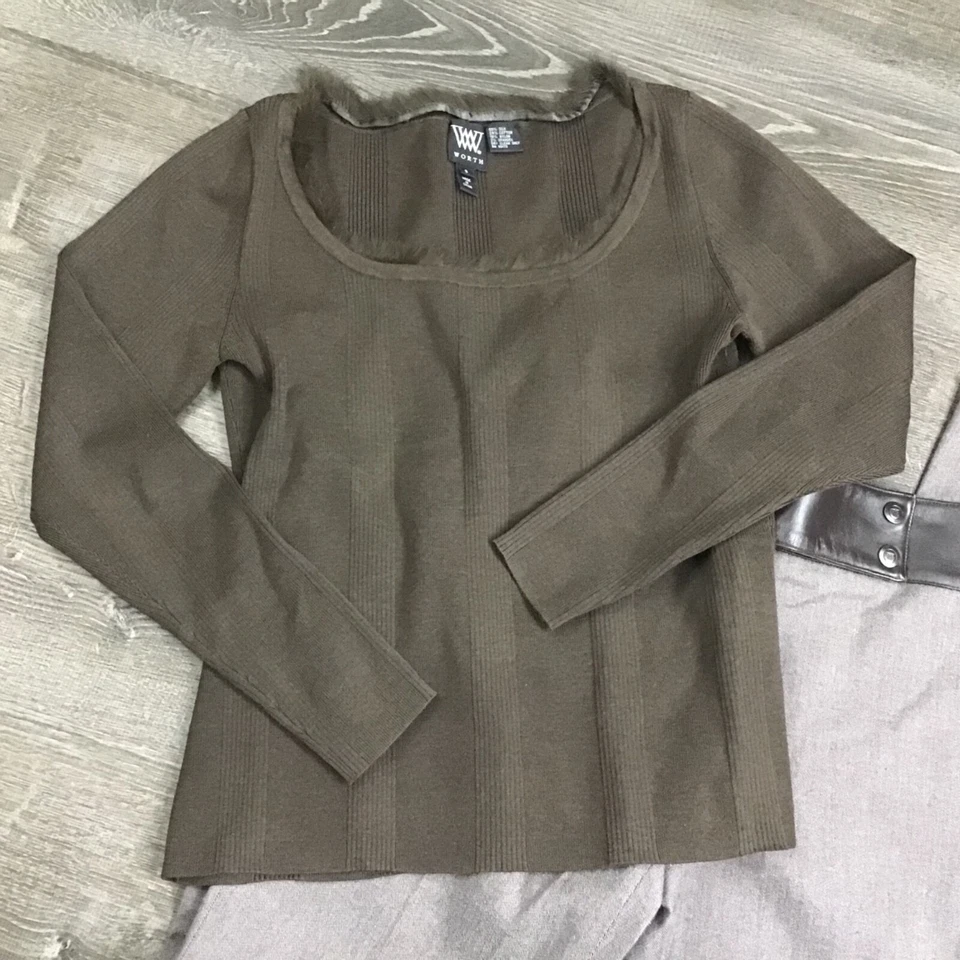 Conjunto de 2 piezas Worth para mujer mezcla de seda marrón ribete de piel suéter pantalones de lana talla S4 Foto 2 de 4