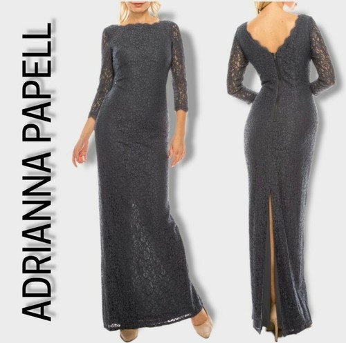 Adrianna Papell Column Scalloped Floral Lace Evening Gown 3/4 Sleeve Maxi Dress - Picture 2 of 11