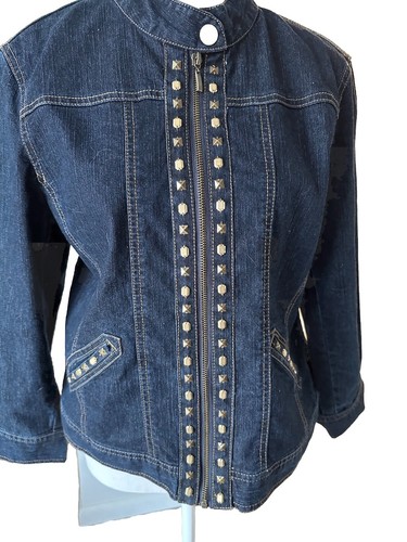 Lark Lane Denim Flip Cuff Studded Geometric Jean Jacket Coat Classic 90’s Sz 10 - Picture 2 of 16