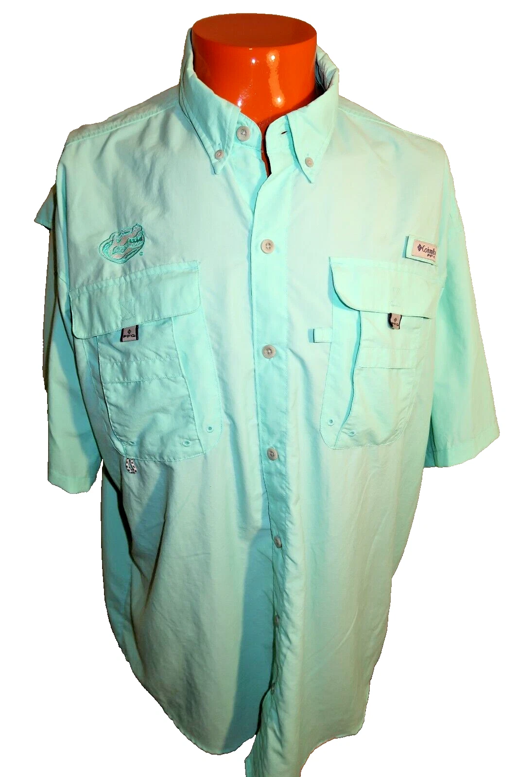 B7 COLUMBIA PFG Men XL Green Vented Florida Gators Button-Down Fishing Shirt EUC
