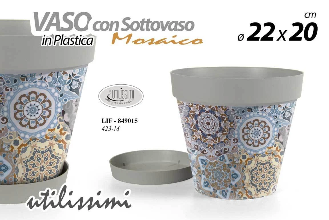 Vaso Rotondo per Fiori Piante + Sottovaso, Plastica Color Terracotta, con Fori di Drenaggio