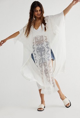 Free People Set The Table Kaftee Coverup Lace Embroidery Slits White XS/S NEW