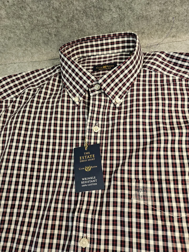 Camisa de Vestir Club Room The Estate Para Hombre 17.5 34/35 Manga Larga Azul Marino Rojo Cuadros NUEVA Foto 3 de 4