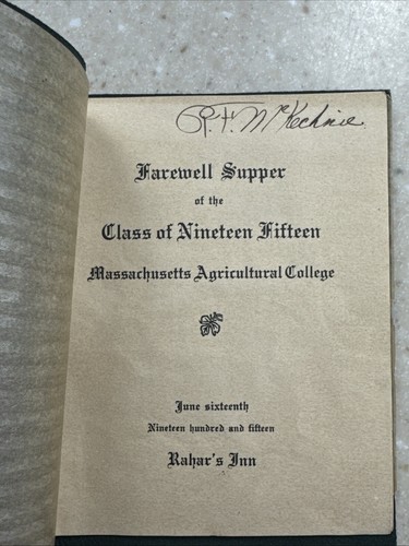 1915 Massachusetts Agricultural College LEATHER Class Dinner Menu Rahar's Inn - Picture 2 of 10