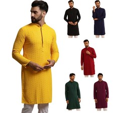 Men  s Cotton Kurta Solid Thread Work Mandarin Collar Ethnic Wear Wedding