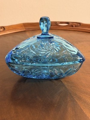 Hazel Atlas Glass Blue Footed Candy Dish with Lid Pinwheel Stars Vintage