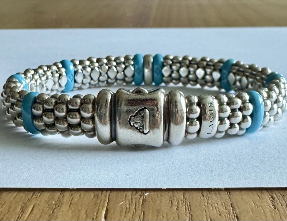 LAGOS Single Station Diamond Caviar Bracelet Turquoise Ceramic 9mm Size 7 - Image 4 of 4