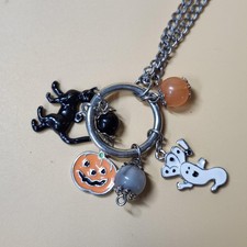Halloween Charm Necklace Ghost Cat Pumpkin Beads Silver Chain BOO Spooky Jewelry
