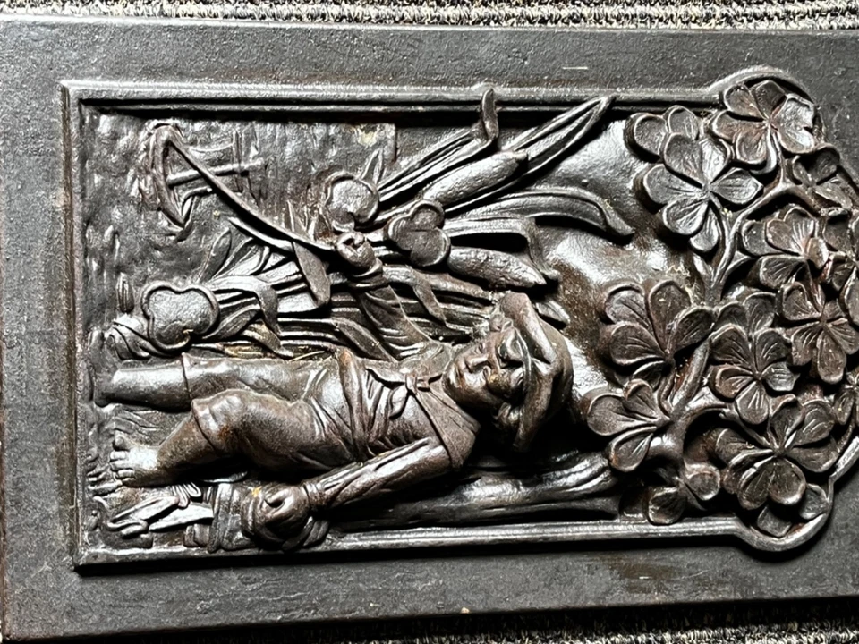 Jugendstil Eisenguss Relief Art Nouveau Ofenplatte Junge Schiff 1900 Eisen - Bild 3 von 4