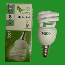 1x 8W (=40W) Tesco CFL Spiral Light Bulb E14 SES Low Energy Power Saving 2700K