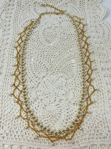 Vintage-Inspired Multi-Strand Gold & Pearl Necklace 38" Total Length - Picture 11 of 12
