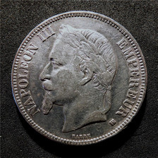 FRANCE-1867 BB-5 FRANCS-NAPOLEON III- .900 SILVER -BORDEAUX MINT- KM799.2   EKSk