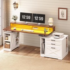 Farmhouse Electric Standing Desk, Computer Desk with 3 Drawers  Storage Shelves