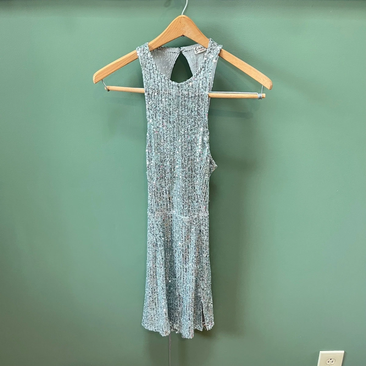 free people silver sequin dress FREE PEOPLE Sequin GISELLE Drawstring RoucheHem Mini Dress