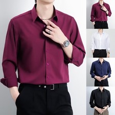 Solid Color Men's Slim Fit Long Sleeve Dress Shirt Polyester Spandex Blend