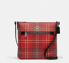 NWT COACH Rowan File Bag Canvas  Leather Tartan Plaid  In Red