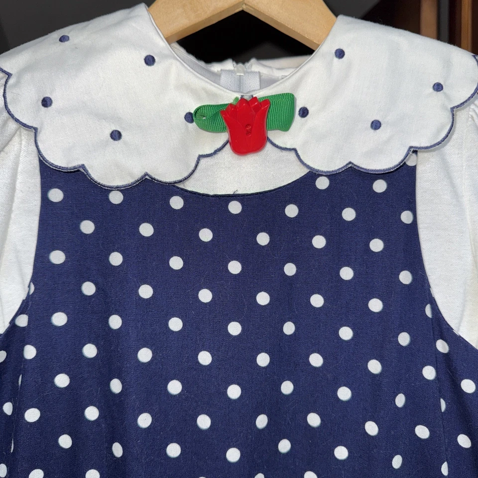 Hartstrings Girls Jumper Dress Size 8 Polka Dot Blue Flowers School Vintage - Image 2 of 4