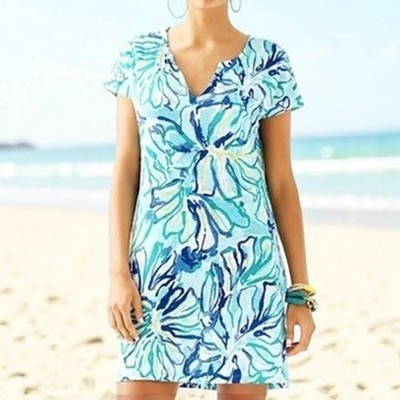 Lilly Pulitzer Duval Dress Pool Blue Stay Cool Linen Tropical V-Neck Large