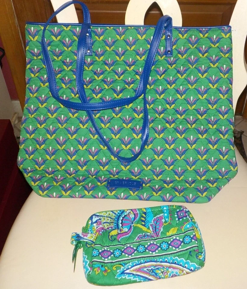 Bolso de Mano Vera Bradley y Pequeño Cosmético en Diamantes Esmeralda/Cachemira Esmeralda