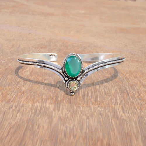Green Onyx & Citrine Topaz Gemstone Bangle 925 Sterling Silver Stylish Bracelet - Picture 3 of 4