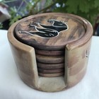 Soapstone coasters x 6 in matching box, round, heavy, with African animals decor