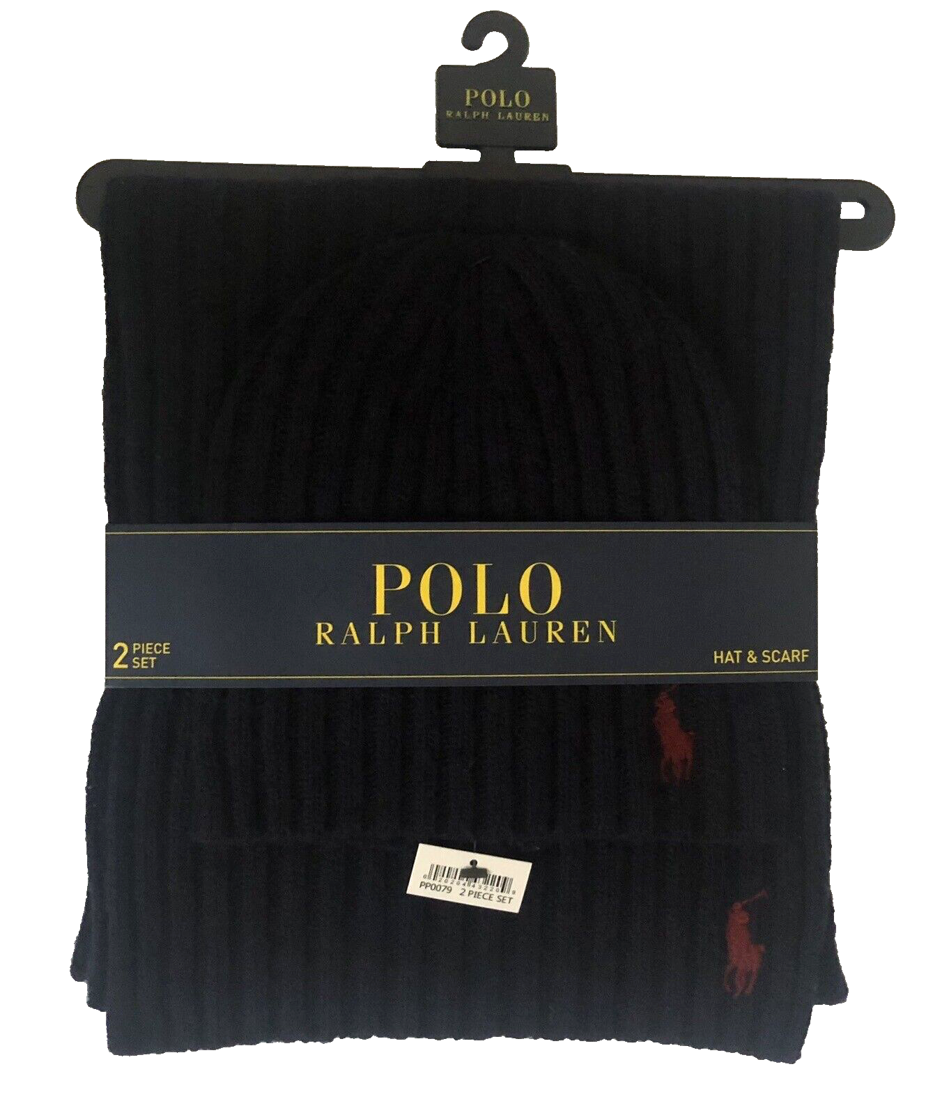 Set cappello e sciarpa polo Ralph Lauren misto lana blu navy con logo pony rosso nuovo con etichette