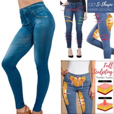 High Waist Womens Faux Denim Jean Leggings, Slim Stretch Pencil Jegging