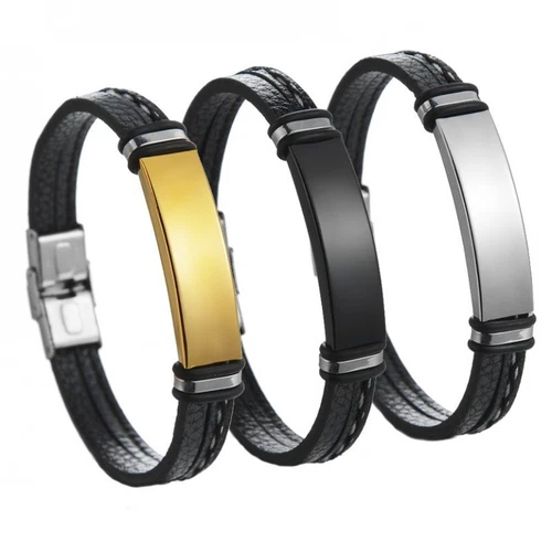 Personalised Men Women Leather Bracelet Engraved Wedding Stainless Steel Gift