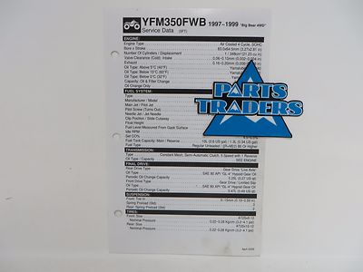 Yamaha Quick Reference Service Manual Spec Sheet YFM350FWB Big Bear 4WD 97-99
