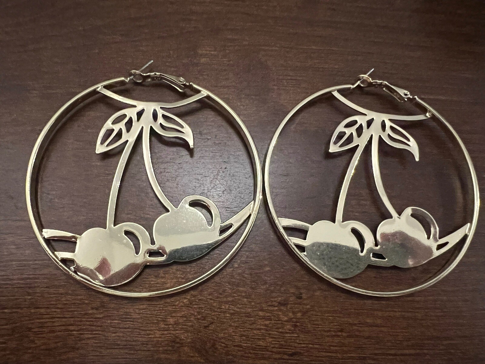 Hoop Earrings w/Cherries Earrings - Gold Tone - Trendy - Statement Hoop Earrings-image