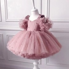 Baby Girl Dress Pearl Mesh Princess Dress Tutu Bow Birthday Party Dress