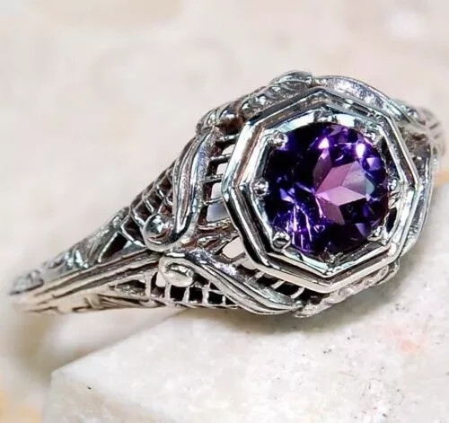 Bague Art Déco En Argent Solide Avec Améthyste De 6 Mm - Style Filigrane, Neuve
