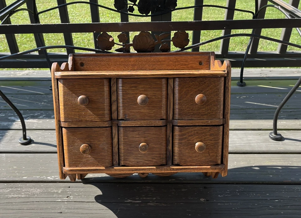 ANTIQUE WALL MOUNTED 6 DRAWER SEWING SPICE STORAGE CABINET *HEAVY - Image 3 of 4