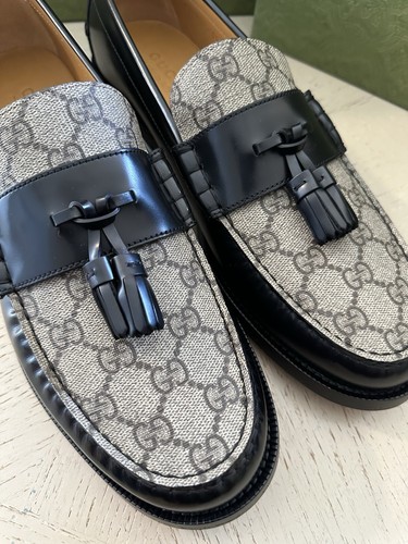Gucci Mens GG Logo Leather Loafers Shoes Black/Beige 14 US/13 UK New 673817 - Picture 3 of 10
