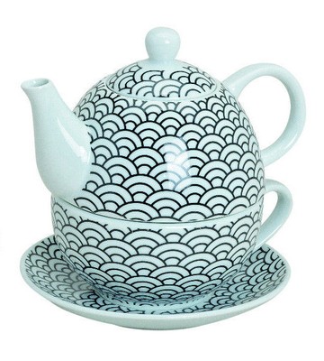 Kanne Tea for One Set Teekannen Set Tasse Keramik Kreise Retro weiß blau