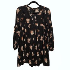 Forever 21 Black Blush Floral Crochet Notch Neckline Balloon Long Sleeve Dress M