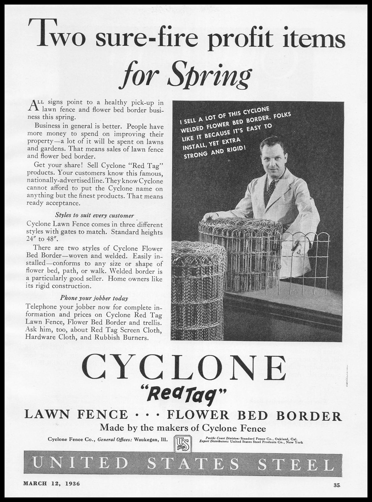 1936 US Steel Cyclone Red Tag Lawn Fence Flower Bed Border Photo Print Ad