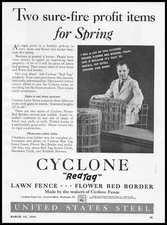 1936 US Steel Cyclone Red Tag Lawn Fence Flower Bed Border Photo Print Ad