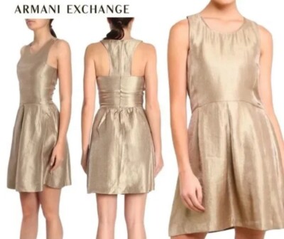 ARMANI EXCHANGE GOLD METALLIC FIT & FLARE SLEEVELESS DRESS SZ 12