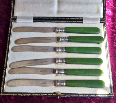 Antikes 1880er Set 6 Tee-/Buttermesser mit grünem Griff von Elkington & Co Birmingham