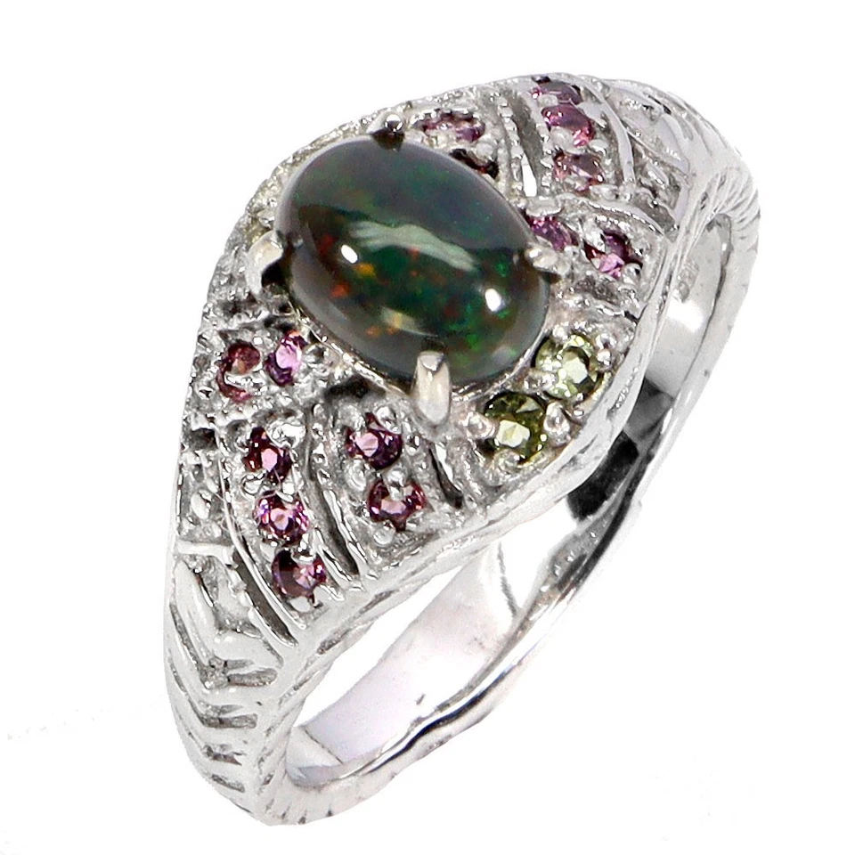 Anillo de plata de ley 925 ovalado ópalo negro 7x5 mm topacio blanco piedras preciosas joyería talla 7 Foto 2 de 4