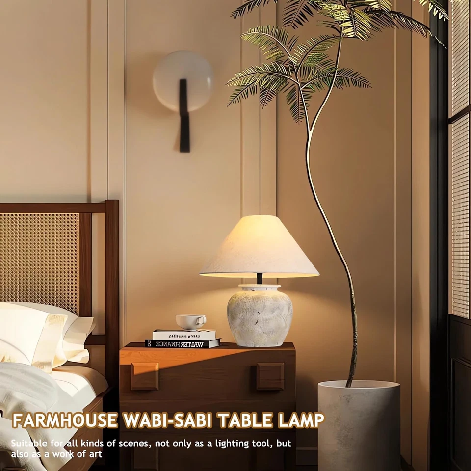 Lámpara de mesa de granja Lámparas de cerámica blanca Olla de arcilla rústica con pantalla de tela De... Foto 2 de 4